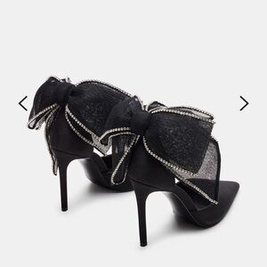 Steve Madden Black Satin Heels with Rhinestone Bow